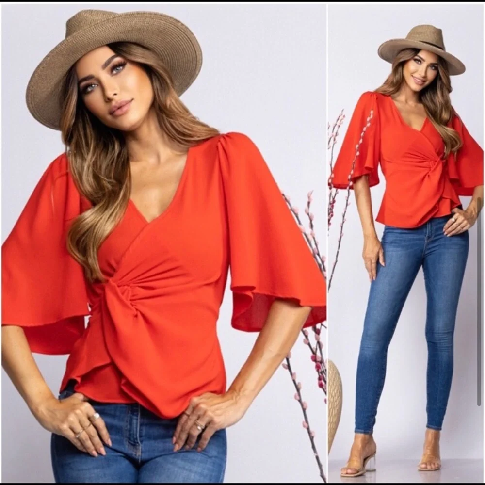 LAST ONE: USA made red women’s summer fall transition cute flutter top - Picture 3 of 3